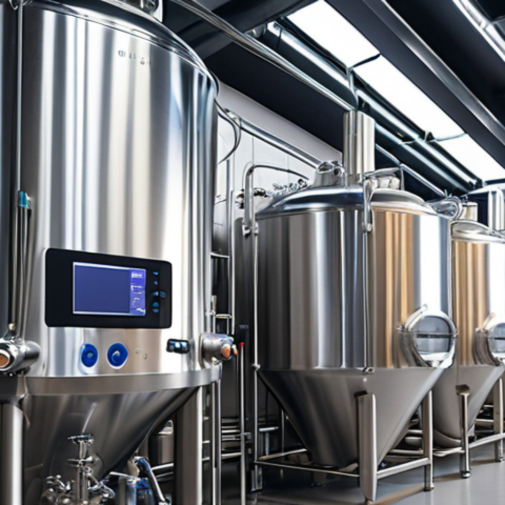 **A modern brewery interior. Focus on gleaming stainless steel fermentation tanks equipped with digital sensors and displays, showcasing real-time data. Emphasize the blend of traditional brewing equipment with cutting-edge technology. The style should be clean and futuristic, suggesting precision and control.**