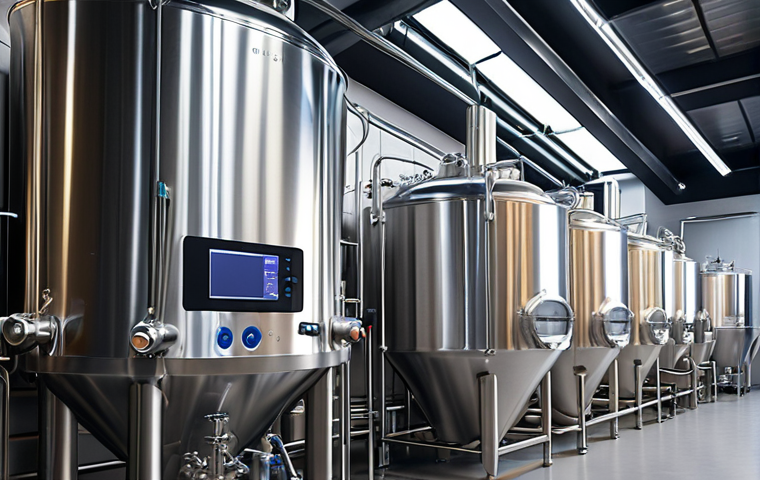 **A modern brewery interior. Focus on gleaming stainless steel fermentation tanks equipped with digital sensors and displays, showcasing real-time data. Emphasize the blend of traditional brewing equipment with cutting-edge technology. The style should be clean and futuristic, suggesting precision and control.**
