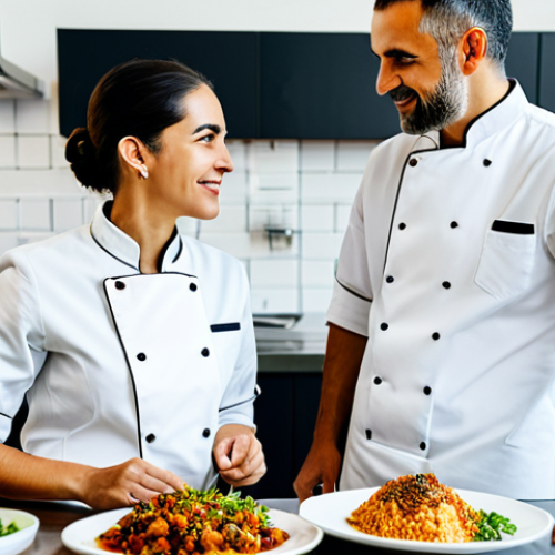 Home 18 **Prompt:** A professional female chef in a clean chef's jacket and a professional male brewer in modest work attire. They are standing in a well-lit, modern gourmet kitchen or restaurant, collaboratively discussing a dish. Beautifully plated Turkish-inspired cuisine is presented next to a selection of elegant craft beer glasses and bottles on a polished counter. Visible local Turkish ingredients like vibrant spices and fresh produce add to the scene. The atmosphere is professional and innovative. High-quality professional photography, detailed, realistic, perfect anatomy, correct proportions, natural pose, well-formed hands, proper finger count, natural body proportions, fully clothed, modest clothing, appropriate attire, professional dress, safe for work, appropriate content, family-friendly.