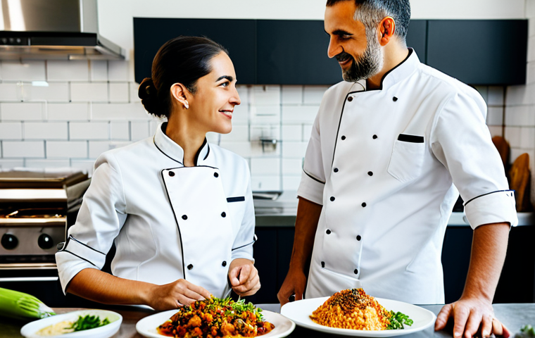 **Prompt:** A professional female chef in a clean chef's jacket and a professional male brewer in modest work attire. They are standing in a well-lit, modern gourmet kitchen or restaurant, collaboratively discussing a dish. Beautifully plated Turkish-inspired cuisine is presented next to a selection of elegant craft beer glasses and bottles on a polished counter. Visible local Turkish ingredients like vibrant spices and fresh produce add to the scene. The atmosphere is professional and innovative. High-quality professional photography, detailed, realistic, perfect anatomy, correct proportions, natural pose, well-formed hands, proper finger count, natural body proportions, fully clothed, modest clothing, appropriate attire, professional dress, safe for work, appropriate content, family-friendly.