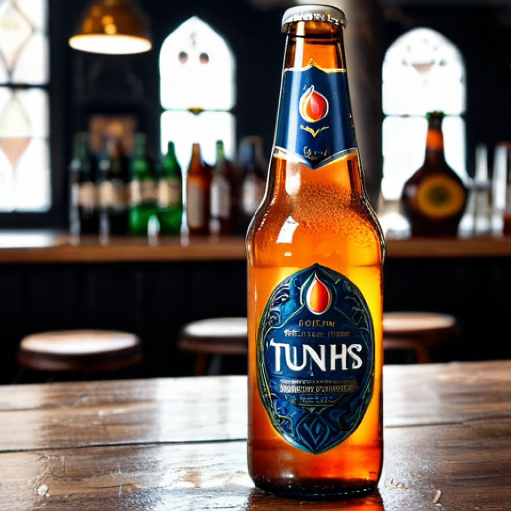 **

A close-up shot of a beautifully designed craft beer bottle from a Turkish brewery. The bottle should feature a unique label with Turkish-inspired motifs (e.g., stylized tulips, Anatolian patterns, or references to local legends). The bottle is condensation-covered, suggesting a cold beer. The background is blurred, showing a modern, rustic-chic bar setting in Istanbul. Focus on the details of the label and the texture of the glass.  Fully clothed, appropriate content, safe for work, professional product photography, high quality, perfect composition, natural lighting.

**