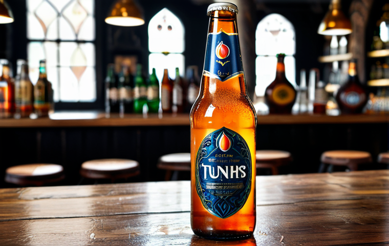**

A close-up shot of a beautifully designed craft beer bottle from a Turkish brewery. The bottle should feature a unique label with Turkish-inspired motifs (e.g., stylized tulips, Anatolian patterns, or references to local legends). The bottle is condensation-covered, suggesting a cold beer. The background is blurred, showing a modern, rustic-chic bar setting in Istanbul. Focus on the details of the label and the texture of the glass.  Fully clothed, appropriate content, safe for work, professional product photography, high quality, perfect composition, natural lighting.

**